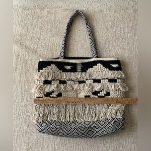World Market Boho Tote Bag Black & White Fringe